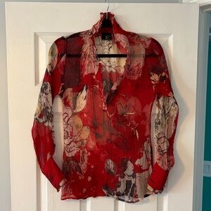 Just Cavalli Red Sheer Floral-Print Blouse